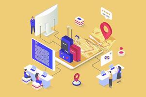 Travel vacation concept in 3d isometric design. Trip organization, collects luggage, plans route, books flight and hotel in mobile app. Vector illustration with isometry people scene for web graphic