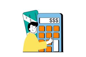 Finanzas concepto con personas escena en plano web diseño. hombre calculador su ganador dinero y pago impuesto y cuentas utilizando crédito tarjeta. vector ilustración para social medios de comunicación bandera, márketing material.