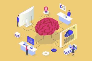 Brainstorming concept in 3d isometric design. Teamwork search for innovations and creative solutions, thinking and generating new ideas. Vector illustration with isometry people scene for web graphic