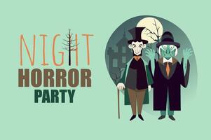 Halloween party poster template in flat design. Banner layout to night horror festival with creepy Frankenstein monster costumes or dead man characters with moon and old house. Vector illustration.