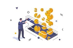 Unemployment crisis concept in 3d isometric design. Man loses broken coins and poor savings, financial problem, bankruptcy and poverty. Vector illustration with isometric people scene for web graphic