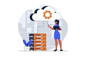 Cloud data center web concept with character scene. Woman working with cloud computing and database service. People situation in flat design. Vector illustration for social media marketing material.