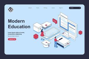 Modern education concept in 3d isometric design for landing page template. People reading e-books, learning at home online, watching webinars or video lectures at computer. Vector illustration for web