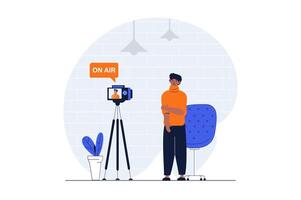 Podcast streaming web concept with character scene. Man standing to camera and trying to recording in studio. People situation in flat design. Vector illustration for social media marketing material.