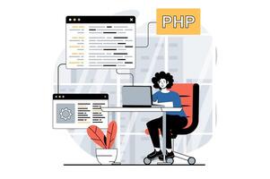 Software development concept with people scene in flat design for web. Man coding and creating programming code for new products. Vector illustration for social media banner, marketing material.