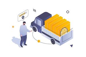 Food delivery concept in 3d isometric design. Man using services of logistics company and orders fast truck shipping of pizza boxes. Vector illustration with isometric people scene for web graphic