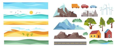 Landscape elements constructor mega set in flat graphic design. Creator kit with sea water, desert, hills, ice mountains, cars, river, forest trees, barns, wind turbines, other. Vector illustration.