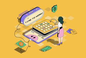 Mobile organizer concept in 3d isometric design. Woman planning meetings on dates in digital calendar, task management and productivity. Vector illustration with isometry people scene for web graphic