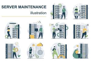 Server maintenance concept with character situations mega set. Bundle of scenes people working with server racks and computers, repairing and fixing connection. Vector illustrations in flat web design