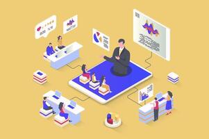 Business training concept in 3d isometric design. Colleagues listen to webinar of success coach, improve and develop professional skills. Vector illustration with isometry people scene for web graphic