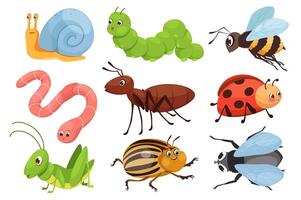 linda insectos mega conjunto en gráfico plano diseño. haz elementos de gracioso mascotas, caracol, oruga, abeja, gusano, hormiga, mariquita, saltamontes, Colorado, escarabajo, volar. vector ilustración aislado objetos