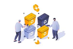 Eco lifestyle concept in 3d isometric design. Separating trash into different bins and recycling garbage at waste processing plant. Vector illustration with isometric people scene for web graphic