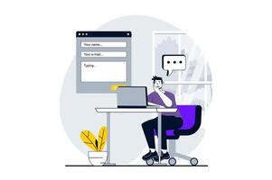 Feedback page concept with people scene in flat design for web. Man giving review and filling webpage form with client experience. Vector illustration for social media banner, marketing material.