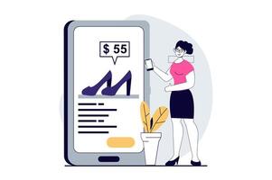 Mobile commerce concept with people scene in flat design for web. Woman choosing shoes in online store, making order and paying in app. Vector illustration for social media banner, marketing material.