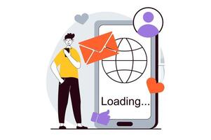 Social network concept with people scene in flat design for web. Man browsing in mobile app, sending emails, leaving comments or likes. Vector illustration for social media banner, marketing material.