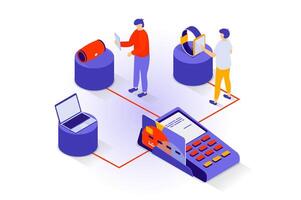 Online shopping concept in 3d isometric design. People choosing new goods, making purchases store web page and paying in pos terminal by card. Vector illustration with isometry scene for web graphic