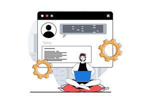 Technical support concept with people scene in flat design for web. Man chatting online with client, finding solvings and gives advice. Vector illustration for social media banner, marketing material.