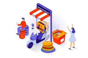 Food delivery concept in 3d isometric design. People order hamburgers and wok noodles with courier fast shipping using mobile application. Vector illustration with isometry scene for web graphic