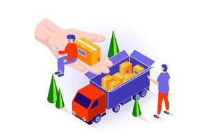 transporte y logística concepto en 3d isométrica diseño. personas cargando paquete o empaquetar cajas en camión para carga entregando y rápido envío. vector ilustración con isometria escena para web gráfico