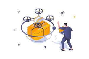 Food delivery concept in 3d isometric design. Man using flying drone for express shipping of meal box from ordering restaurant menu. Vector illustration with isometric people scene for web graphic