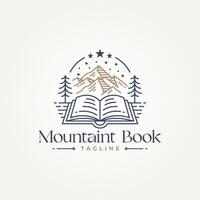 minimalist book with mountain nature's library line art icon logo template vector illustration design. simple modern adventure, knowledge, exploration, reading logo concept