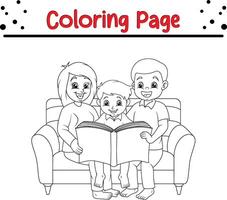 contento familia leyendo libro colorante página para niños vector