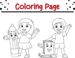 Cute happy children coloring book page. black and white vector