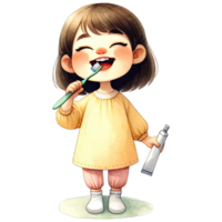 ai generado acuarela linda niña cepillado su dientes clipart ai generativo png