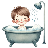 ai généré aquarelle mignonne garçon prise une une baignoire clipart ai génératif png