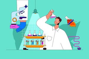 Science laboratory web concept with character scene. Scientist making chemical reaction in flasks and monitoring process. People situation in flat design. Vector illustration for marketing material.