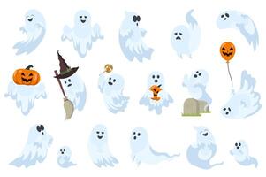 Cute ghosts mega set elements in flat design. Bundle of spooky Halloween character with emotion expressions with evil pumpkin, balloon or candy and other. Vector illustration isolated graphic objects