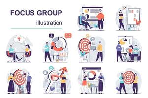 Focus group concept with character situations mega set. Bundle of scenes people collecting data, analyzing market trends, creates targeting to promote business. Vector illustrations in flat web design