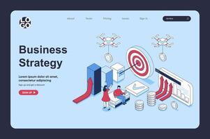 Business strategy concept in 3d isometric design for landing page template. People planning work tasks, targeting, achieving goals, developing company and find solutions. Vector illustration for web