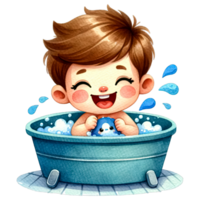 ai généré aquarelle mignonne garçon prise une une baignoire clipart ai génératif png