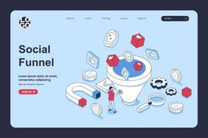 Social media funnel concept in 3d isometric design for landing page template. People creating content, attracting audience and converting, using lead generations strategy. Vector illustration for web