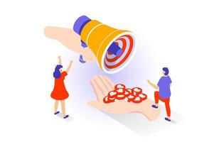 Social media concept in 3d isometric design. People promotion online blog using marketing megaphone and collecting many hearts reactions. Vector illustration with isometry scene for web graphic