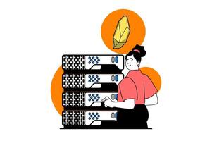 Cryptocurrency marketplace concept with people scene in flat web design. Woman mining crypto coins and monitoring server rack farm. Vector illustration for social media banner, marketing material.