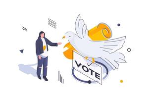 Election and voting concept in 3d isometric design. Woman voting in democratic elections for party with peace diplomacy and dove symbol. Vector illustration with isometric people scene for web graphic