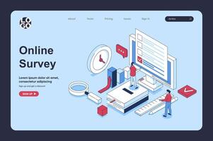 Online survey concept in 3d isometric design for landing page template. People giving feedback and filing digital form with answers, marking in questionnaire on computer. Vector illustration for web