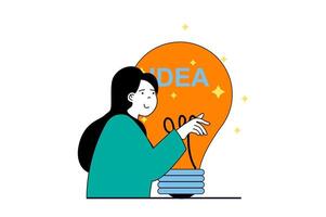 Brainstorming concept with people scene in flat web design. Woman with light bulb generating ideas, creating strategy, finding vision. Vector illustration for social media banner, marketing material.