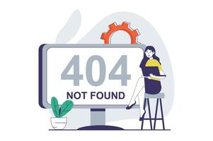 Page not found concept with people scene in flat design for web. Woman sees message of website connection problems on computer screen. Vector illustration for social media banner, marketing material.