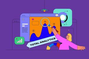 Data analysis web concept with character scene. Analyst working with graphs and charts, researching statistics for report. People situation in flat design. Vector illustration for marketing material.