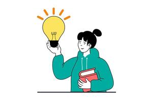 Brainstorming concept with people scene in flat web design. Woman with light bulb reading books for getting information and creative. Vector illustration for social media banner, marketing material.