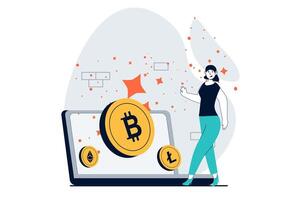 Cryptocurrency marketplace concept with people scene in flat design for web. Woman investing money for buying crypto coins at laptop. Vector illustration for social media banner, marketing material.