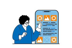 App development concept with people scene in flat web design. Woman creating ui layout for mobile phone, placing elements and buttons. Vector illustration for social media banner, marketing material.