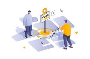 elección y votación concepto en 3d isométrica diseño. hombres votantes Vamos a centro a participar en democrático elección o referéndum encuesta. vector ilustración con isométrica personas escena para web gráfico