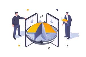 Business marketing concept in 3d isometric design. Professional team working with data charts, discussing statistics review and budget. Vector illustration with isometric people scene for web graphic