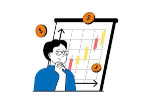 Finance concept with people scene in flat web design. Man analyzing financial data on graph, making report with money management. Vector illustration for social media banner, marketing material.