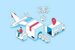 Worldwide delivery concept in 3d isometric design. People using global logistic company service and receiving parcels with airmail shipping. Vector illustration with isometry scene for web graphic