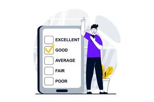realimentación página concepto con personas escena en plano diseño para web. hombre elegir bueno evaluación en cuestionario Lista de Verificación en móvil aplicación vector ilustración para social medios de comunicación bandera, márketing material.